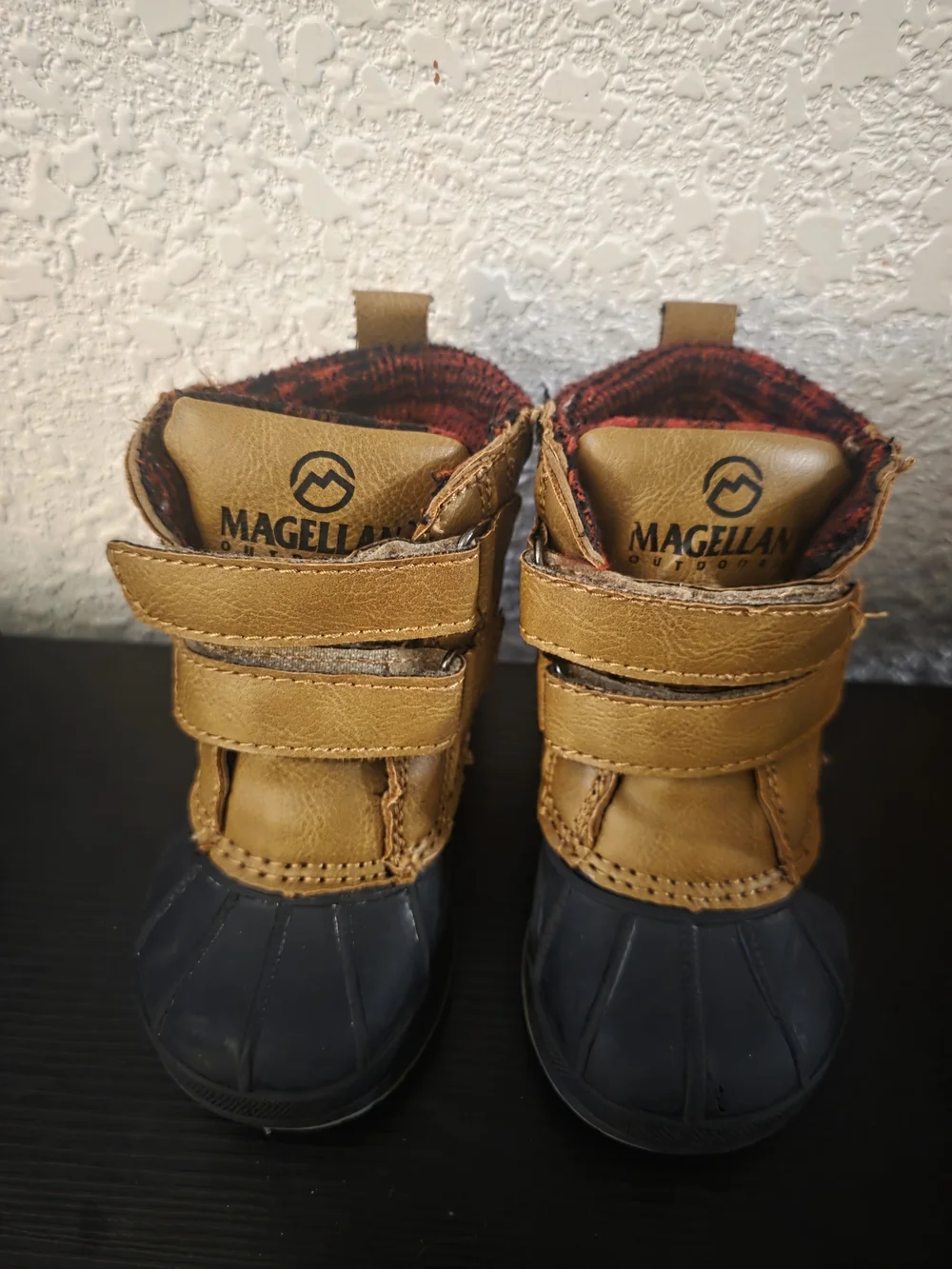 Magellan Outdoors Kids Tan and Black Insulated Snow Boots with Red Plaid Collar